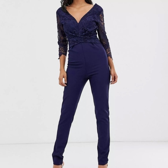 NEW Navy Blue Lace Jumpsuit 2 Tall euro 34 3/4 longsleeve NWT sz XS catsuit - Picture 1 of 12